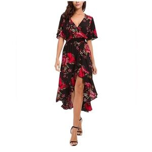 KORMEI Floral High Low Short Sleeve Faux Wrap Dress